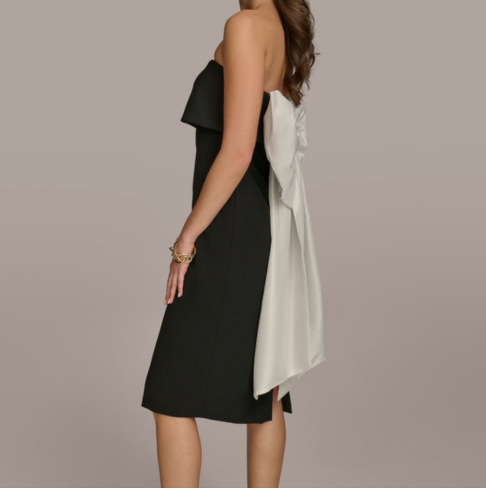 Donna Karan Strapless Black Cocktail Dress with White Tafetta Bow Back Size 10